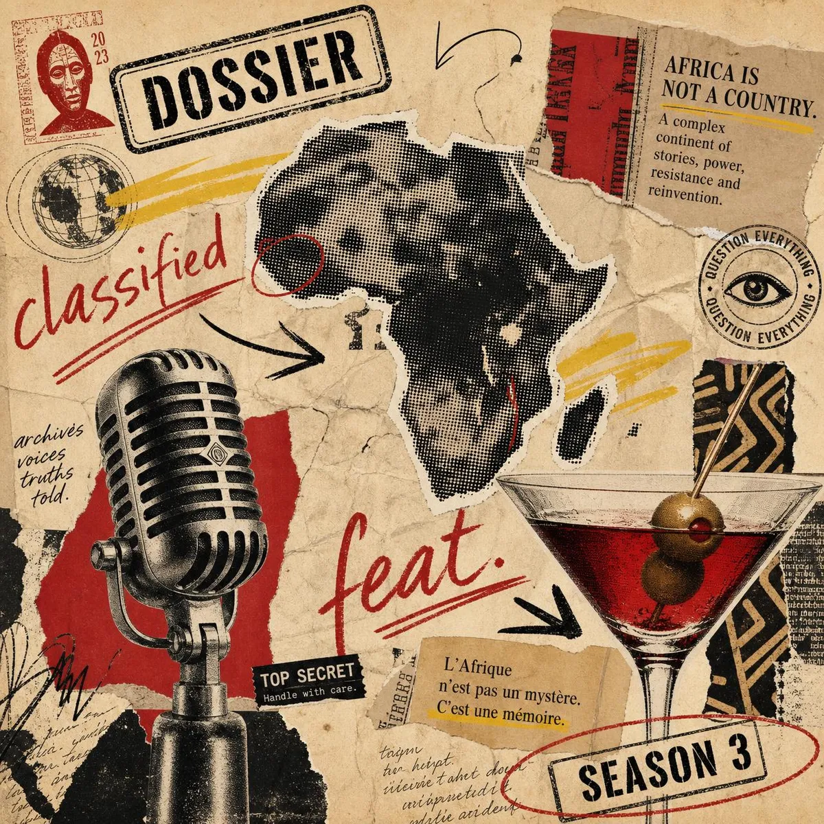 Bar Afrique editorial collage of a podcast mic, martini glass, Africa map and handwritten notes